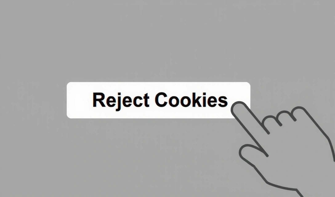 Mano che clicca su un pulsante 'Rifiuta Cookie' con un'icona di blocco.