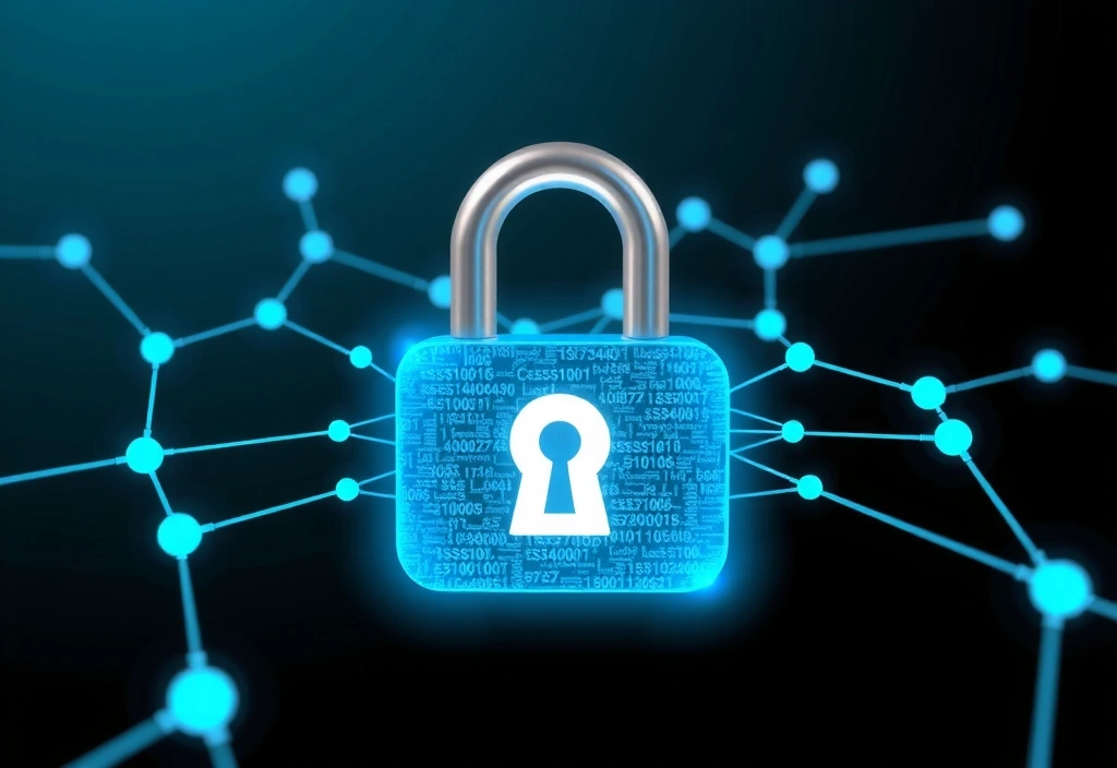 Illustrazione di un lucchetto digitale con connessioni di rete, che simboleggia la sicurezza dei dati e la responsabilità del sito web.